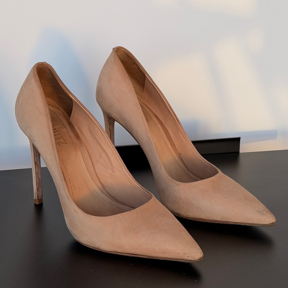 SCHUTZ Suede Pointed-Toe High Heels in Beige